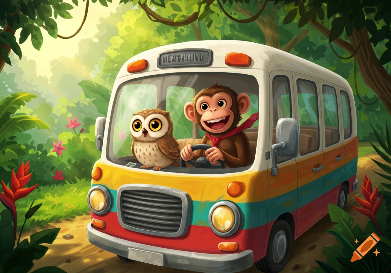 A cartoon monkey drives a colorful bus with an owl passenger through a lush jungle.
