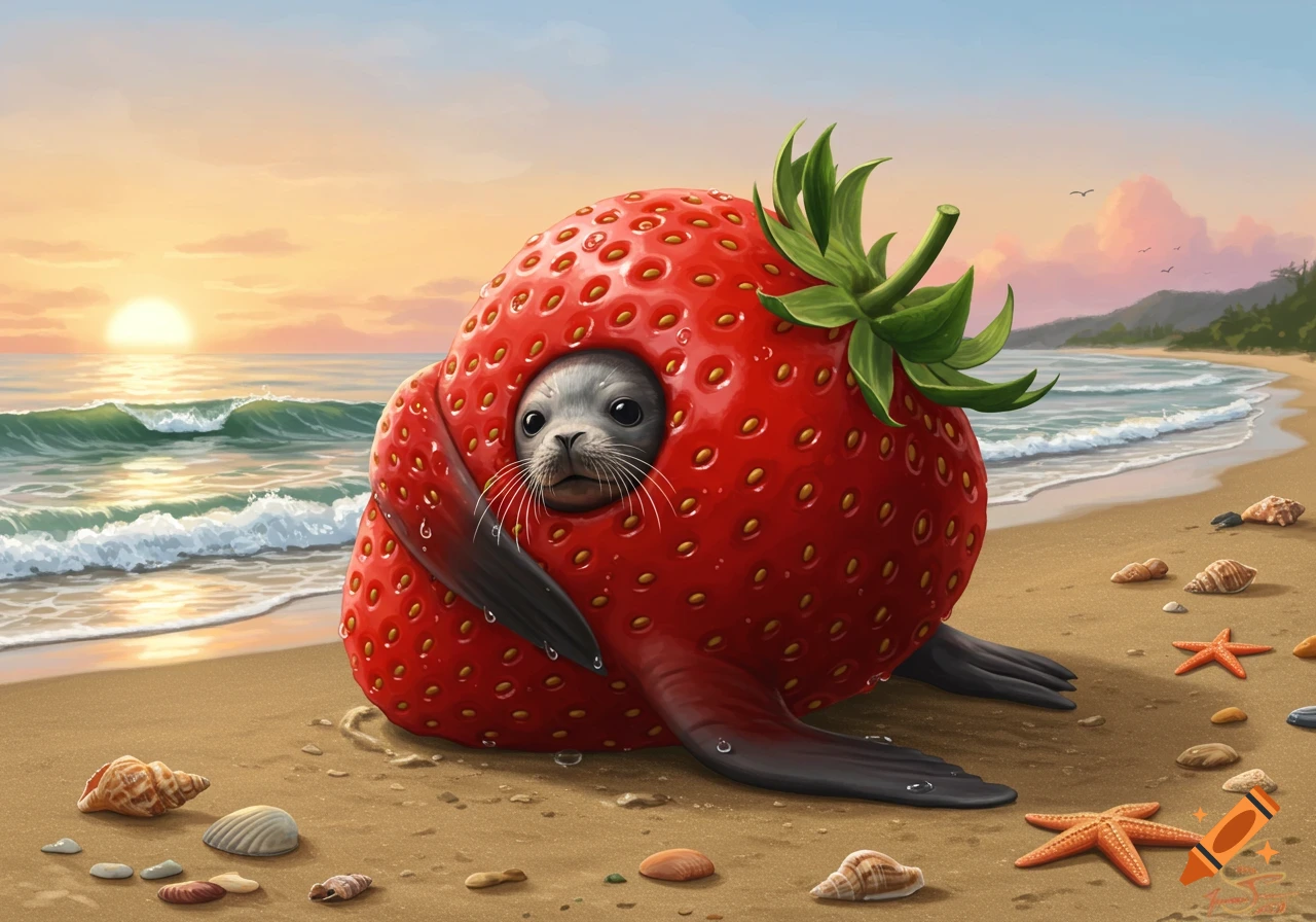 A cute baby seal peeks out of a giant strawberry on a sandy beach at sunset, with ocean waves and seashells.