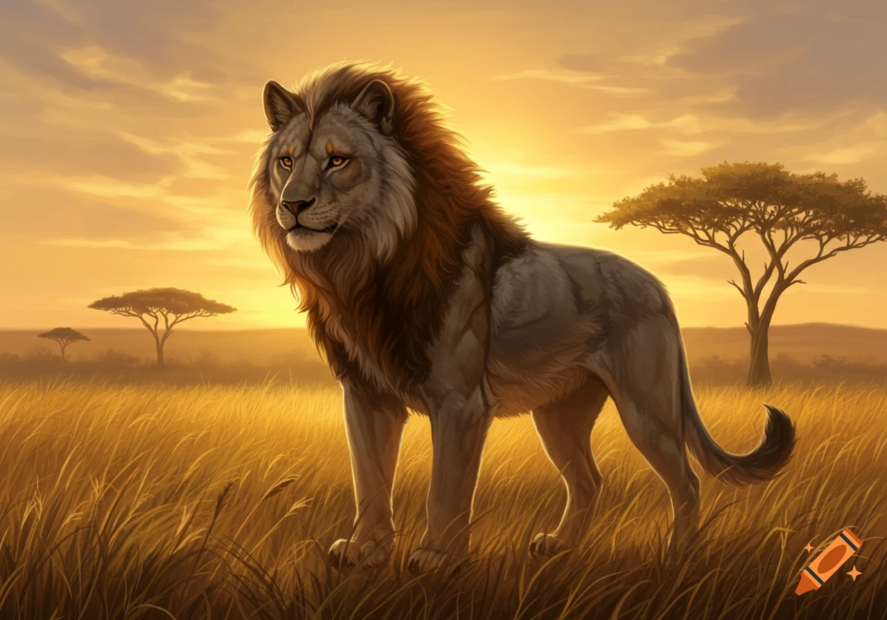 A majestic, stylized lion with a brown mane stands in a golden savanna at sunset, with acacia trees.