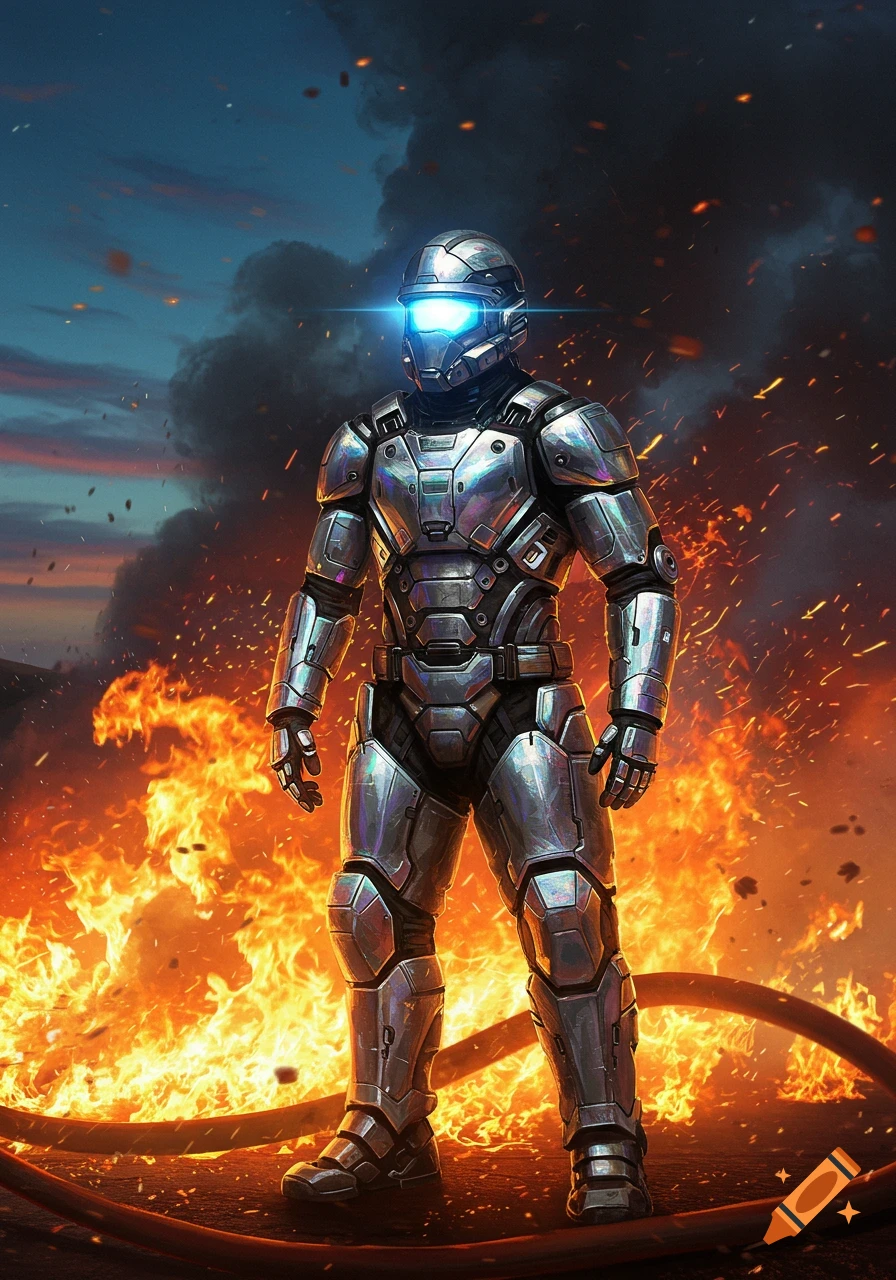 A futuristic soldier in silver armor with a glowing blue visor stands amidst fire and smoke at dusk.