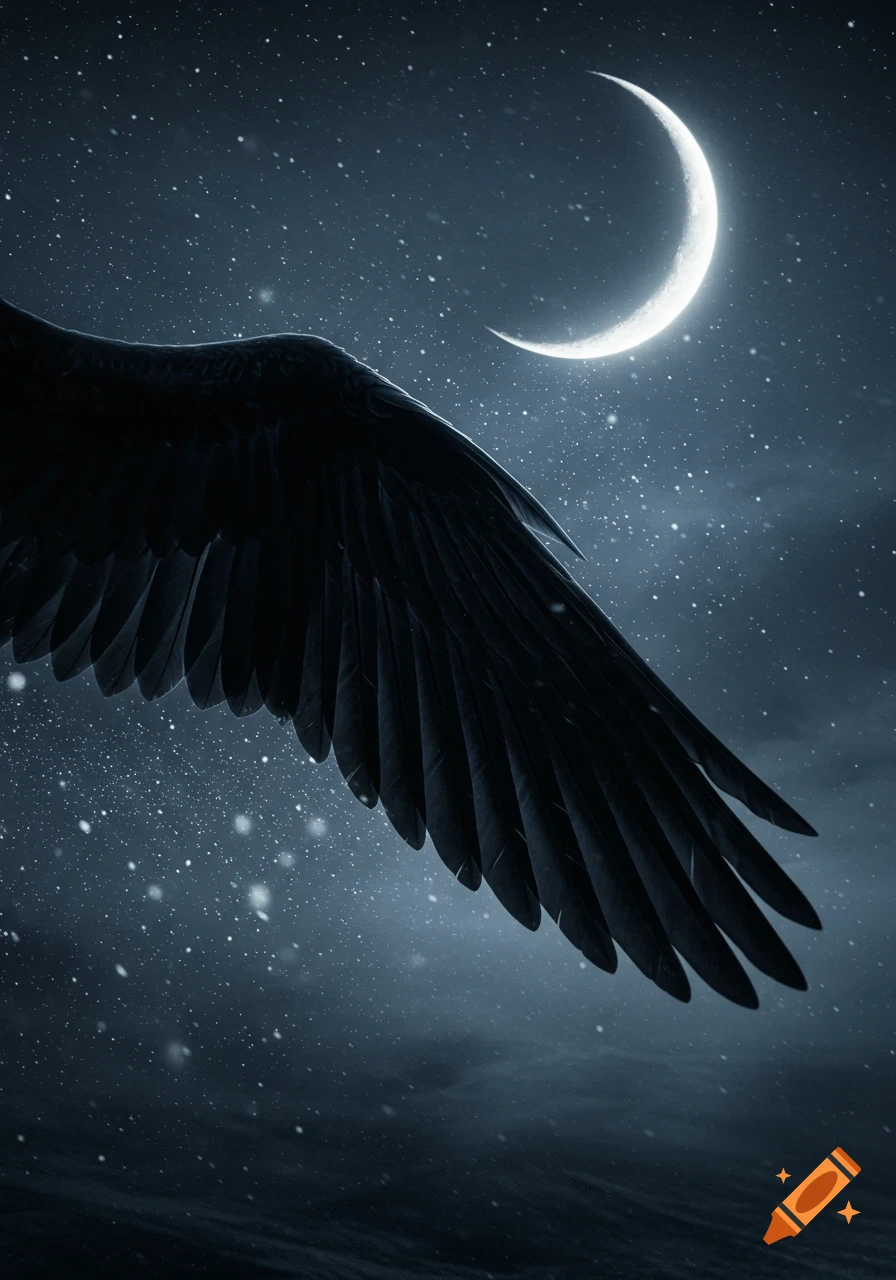 A large black wing against a dark, starry night sky with a bright crescent moon.