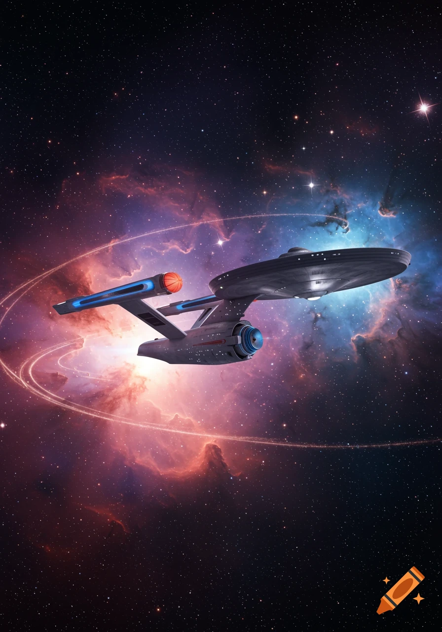 The USS Enterprise flying through a vibrant nebula in deep space with distant stars.