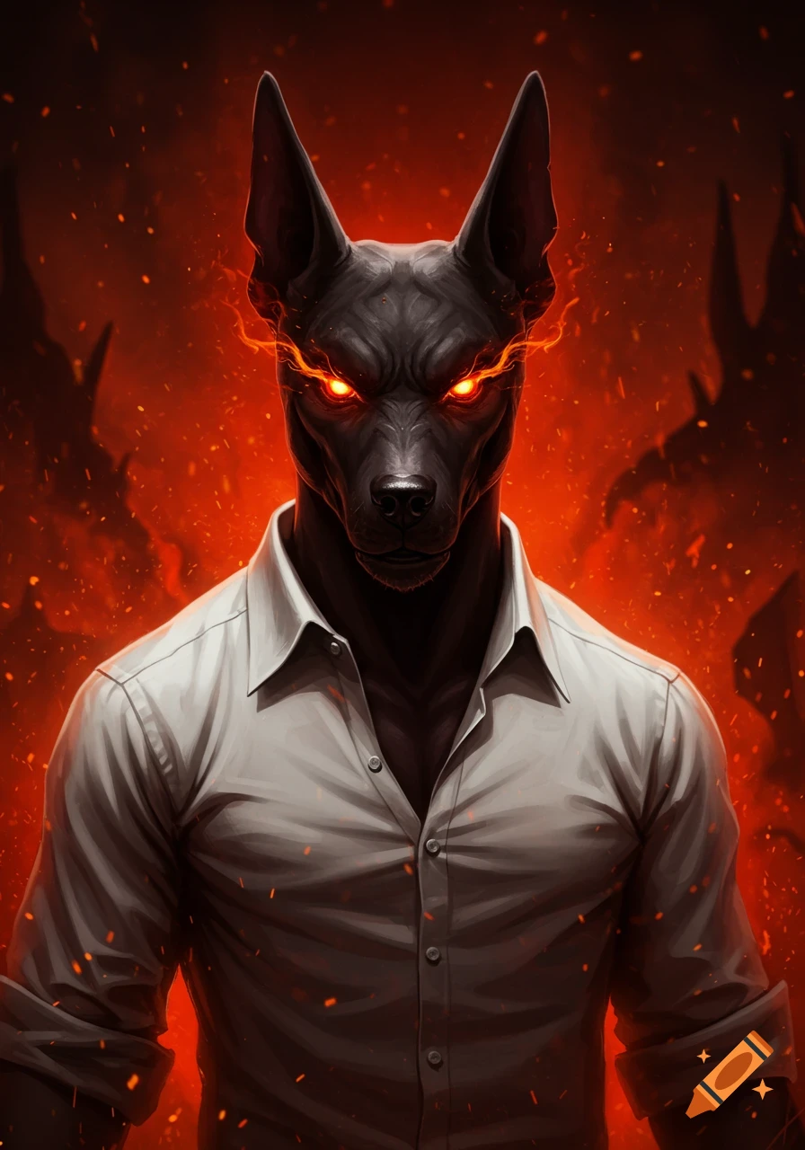 A dark, anthropomorphic dog-like creature with glowing red eyes, wearing a white collared shirt, against a fiery red background.