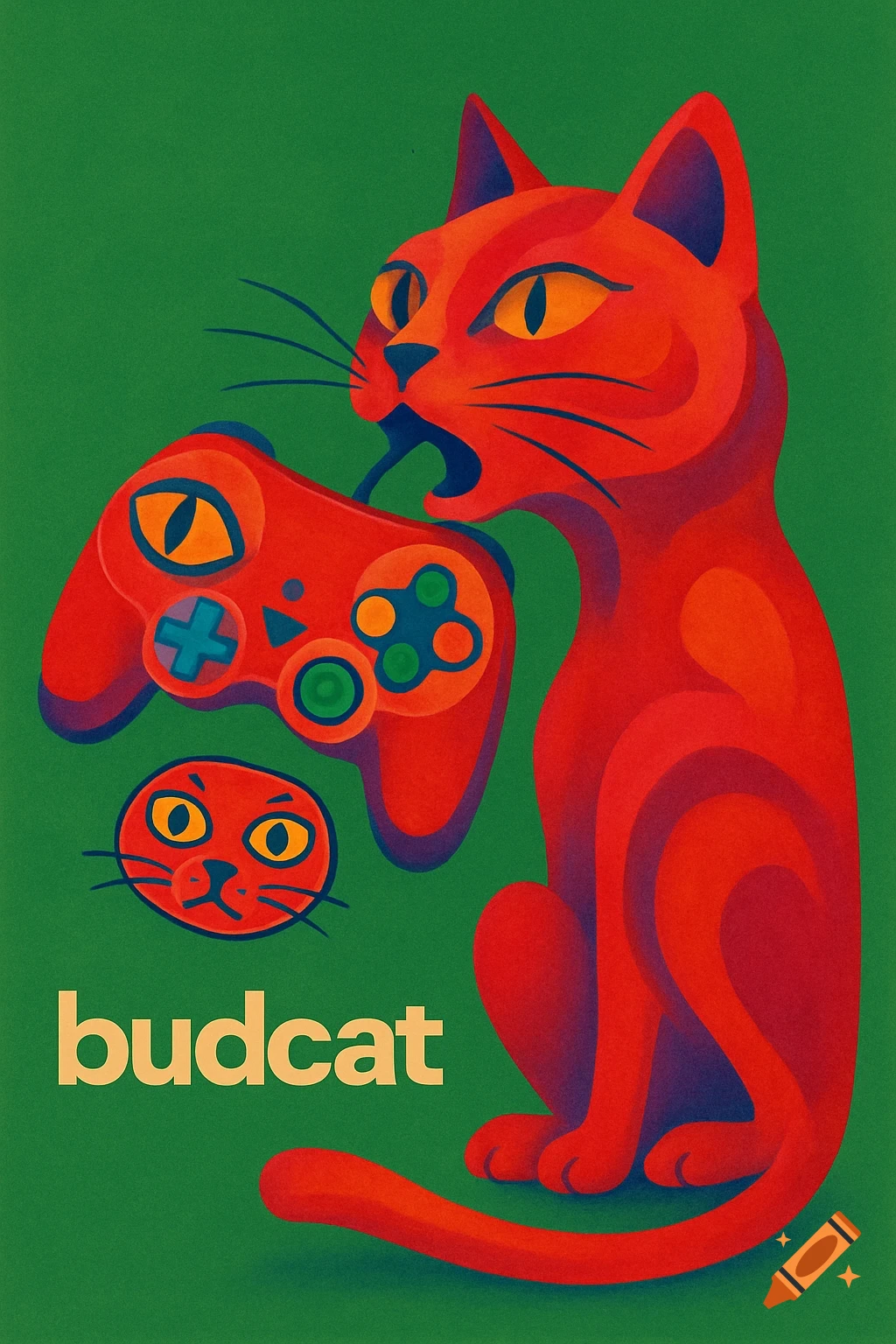 An abstract red cat with yellow eyes holds a game controller in its mouth, with a smaller cat face icon and the word 'budcat' below, all on a green background.