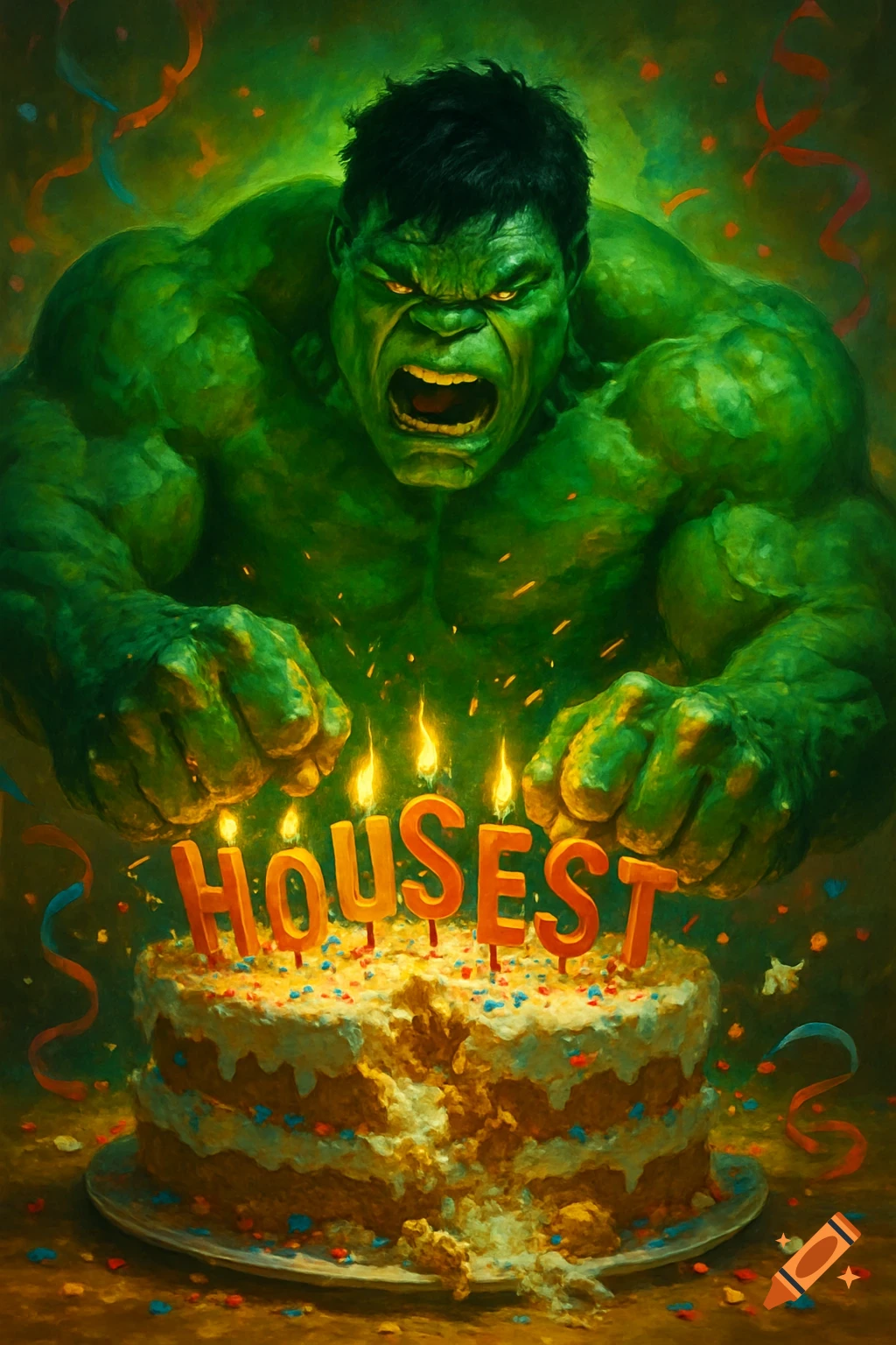 An angry, green Hulk smashes a birthday cake with candles spelling HOUSEST, in a comic book art style.