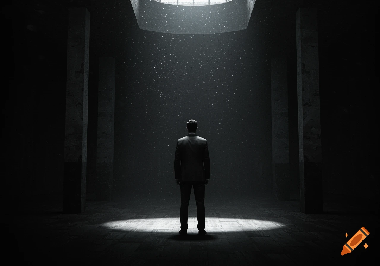 A man in a suit stands in a dark, vast room, illuminated by a dramatic spotlight from above.