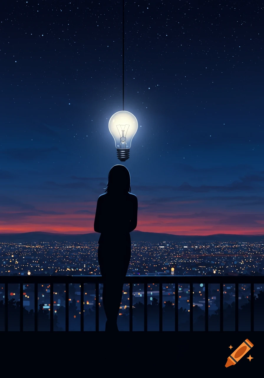 Silhouette of a woman on a balcony overlooking a city skyline at dusk, with a glowing lightbulb suspended above her head. Digital art.