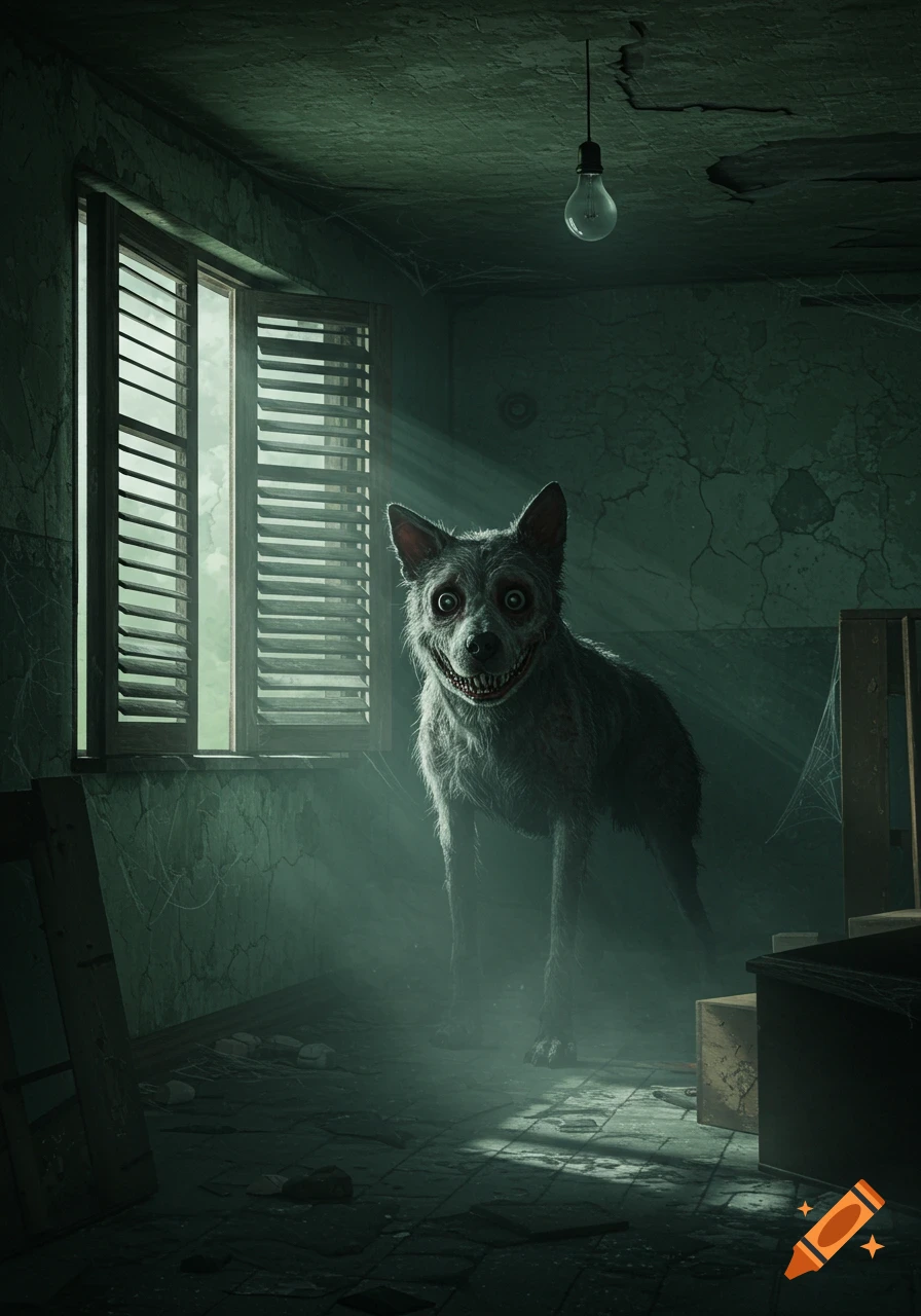 A terrifying, grinning dog with wide, glowing eyes stands in a dark, abandoned room with light rays from a window.