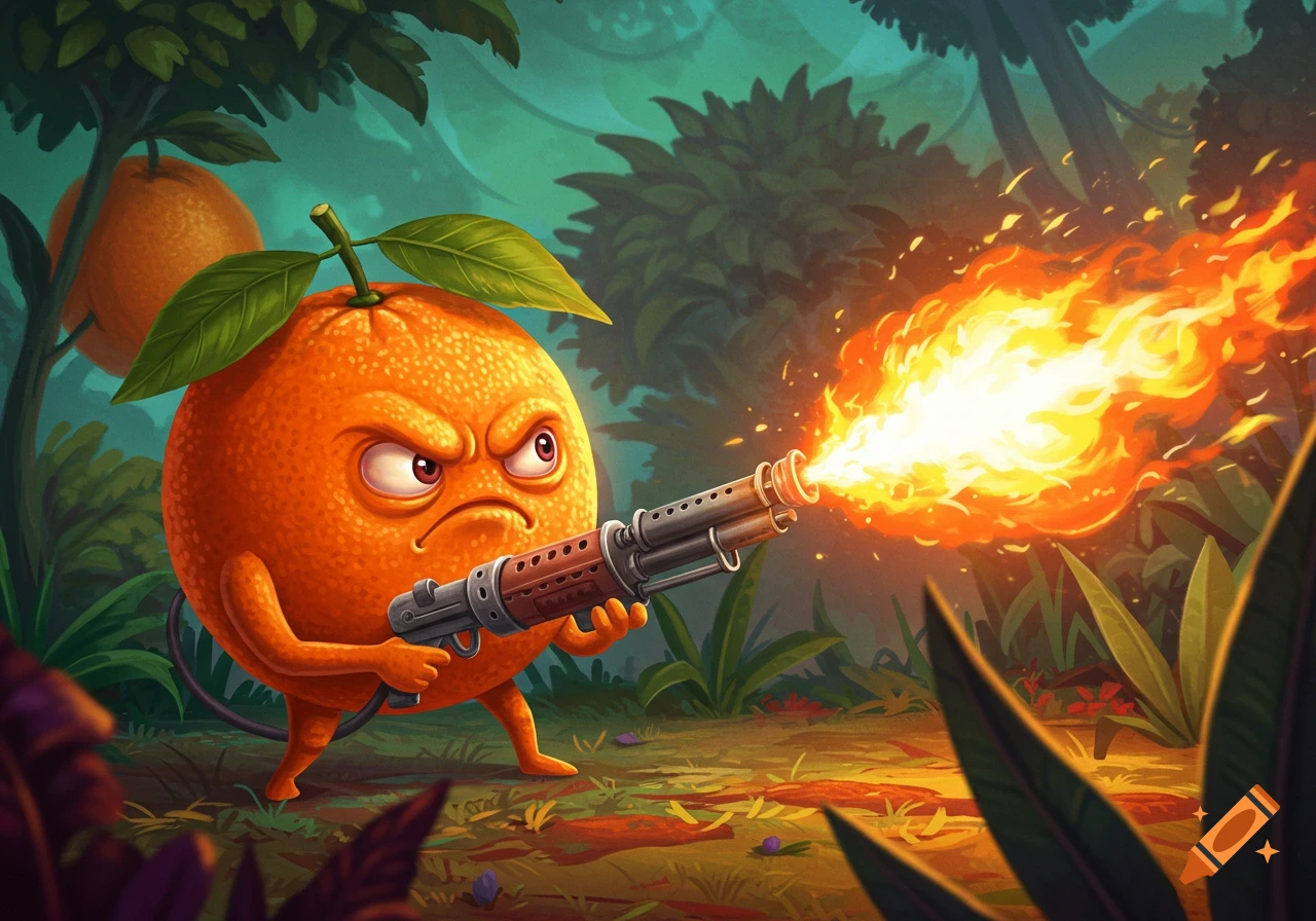 A cartoon orange with an angry face holds a flamethrower, firing a large flame into a jungle setting.