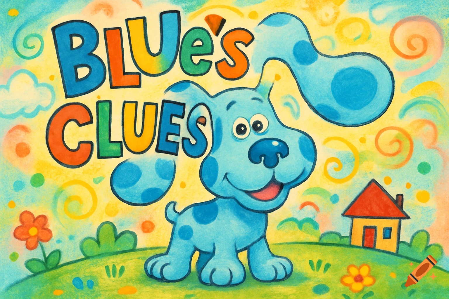 Colorful crayon illustration of Blue from Blue's Clues on a hill with a house and flowers, with the title "BLUE's CLUES".