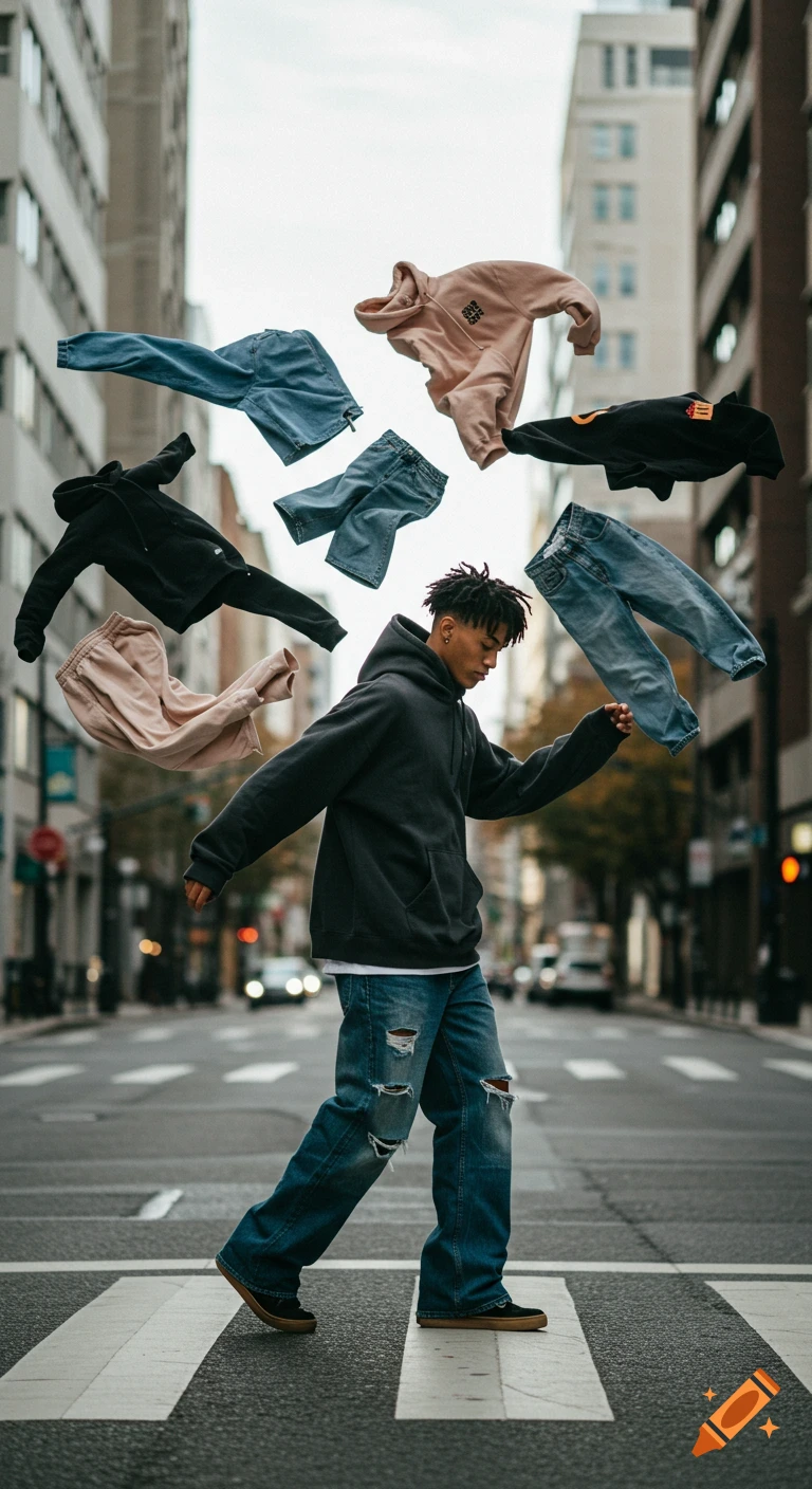 A guy in an oversized hoodie and wide-legged jeans crosses a city street. Stylish streetwear clothing floats around him, including hoodies, jeans, and sweatpants. Photorealistic.