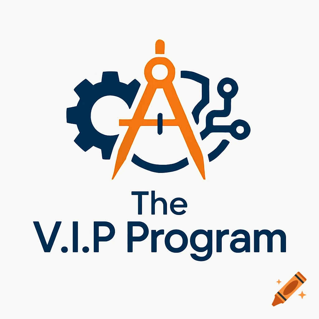 A logo featuring an orange compass over a blue gear and circuit board element, with the text "The V.I.P Program" below.