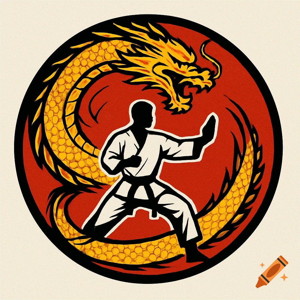 Circular red logo with a yellow dragon behind a black and white silhouette of a karate practitioner in a fighting stance.