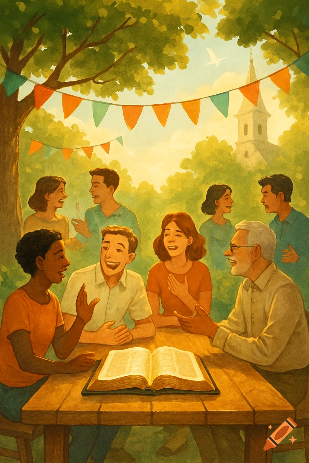 A diverse group of people gathered around a wooden table with an open book, smiling and talking outdoors under a tree, with a church in the background.