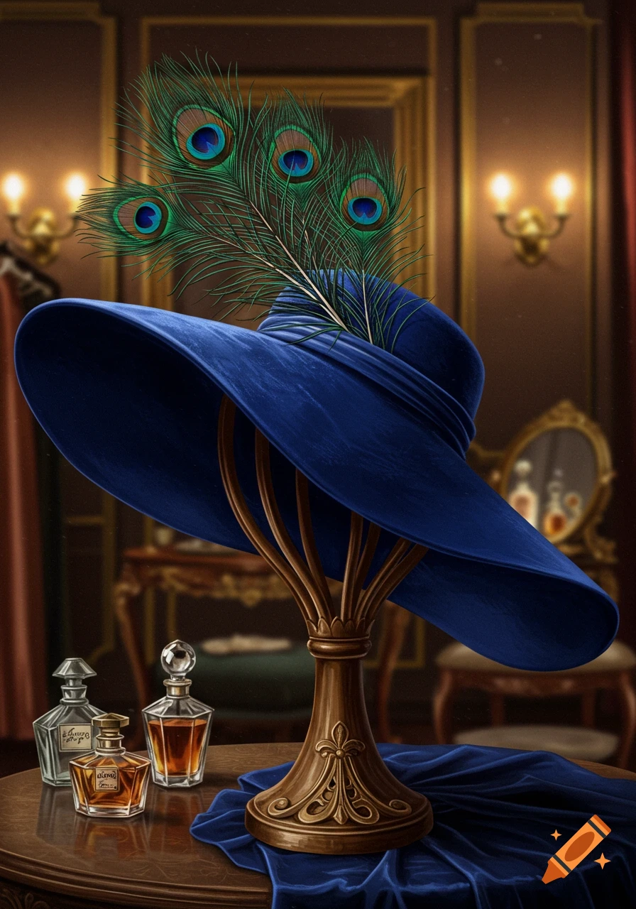 A blue velvet wide-brimmed hat with peacock feathers sits on a decorative stand next to perfume bottles in a luxurious room.