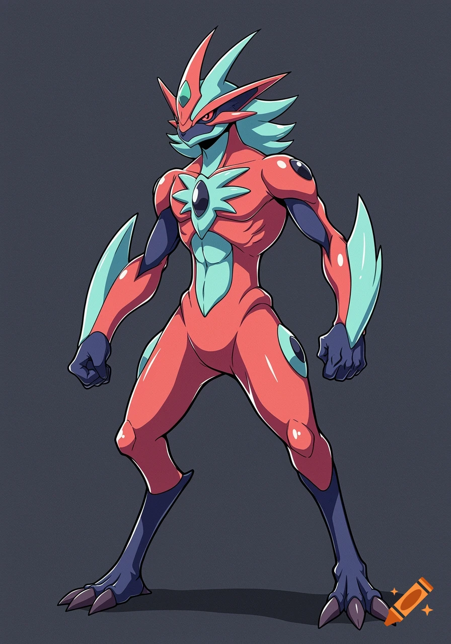 A cel-shaded anime creature resembling Deoxys, with a red body, blue-green accents, and sharp features, standing in a dynamic pose.