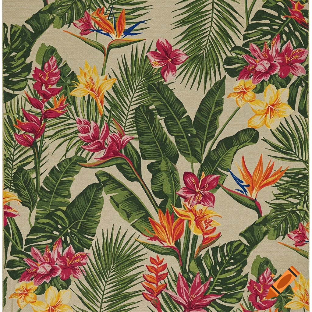 A vibrant tropical pattern with green palm fronds, banana leaves, and colorful red, yellow, and orange flowers on a light background.