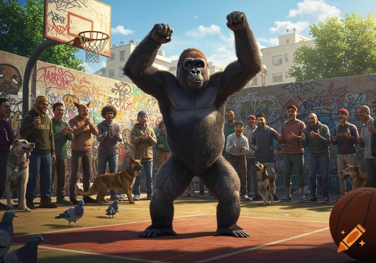 A photorealistic gorilla cheers on a basketball court with graffiti walls, surrounded by diverse people and dogs, under bright daylight.