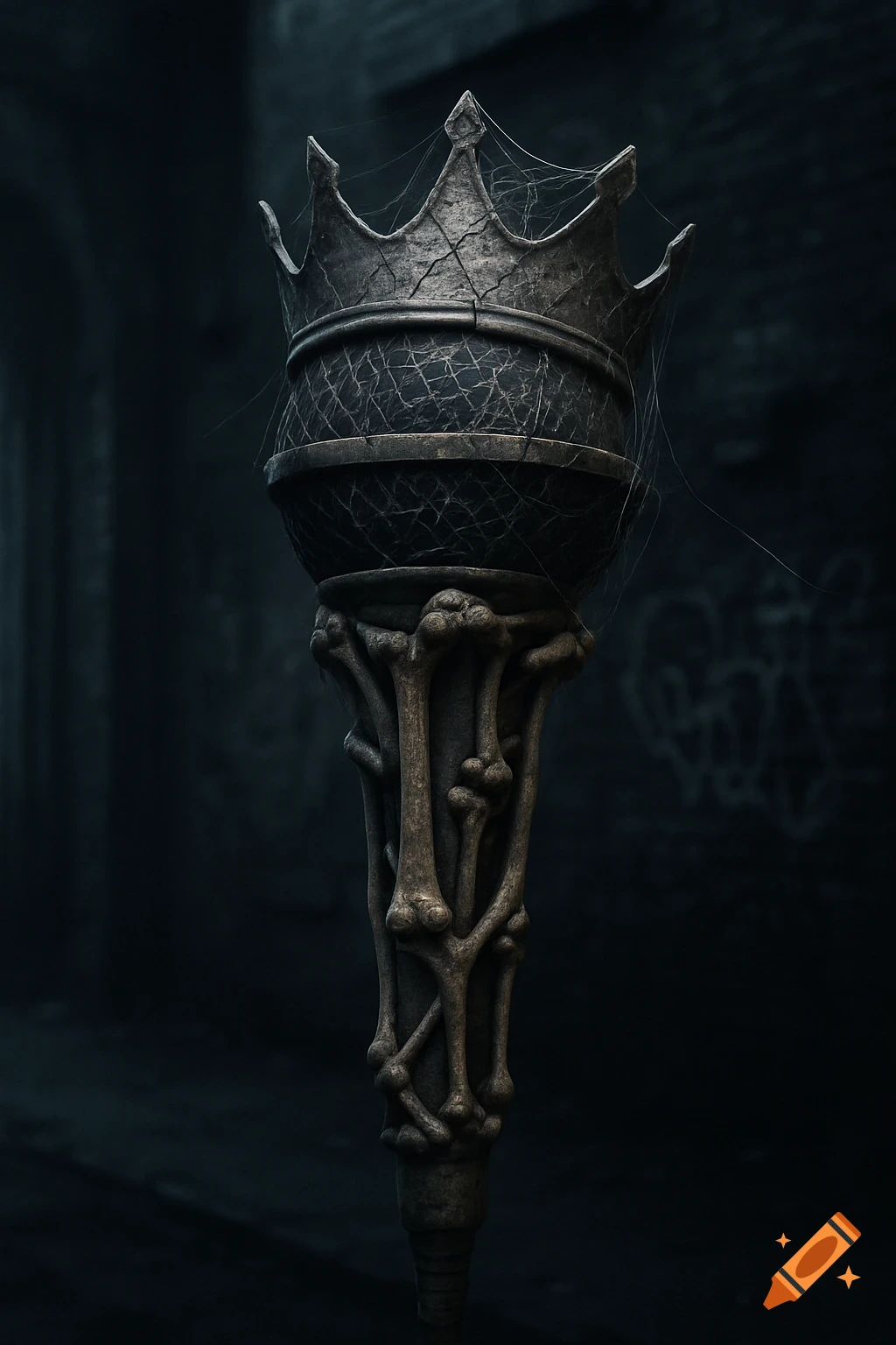 A dark, ominous scepter featuring a broken crown covered in spiderwebs and a handle made of intertwined bones, set in a shadowy alley.