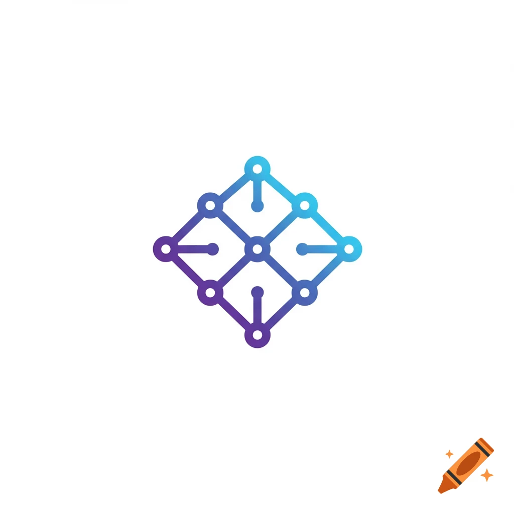 A minimalist geometric logo featuring interconnected dots in a diamond shape with purple, blue, and turquoise gradients.