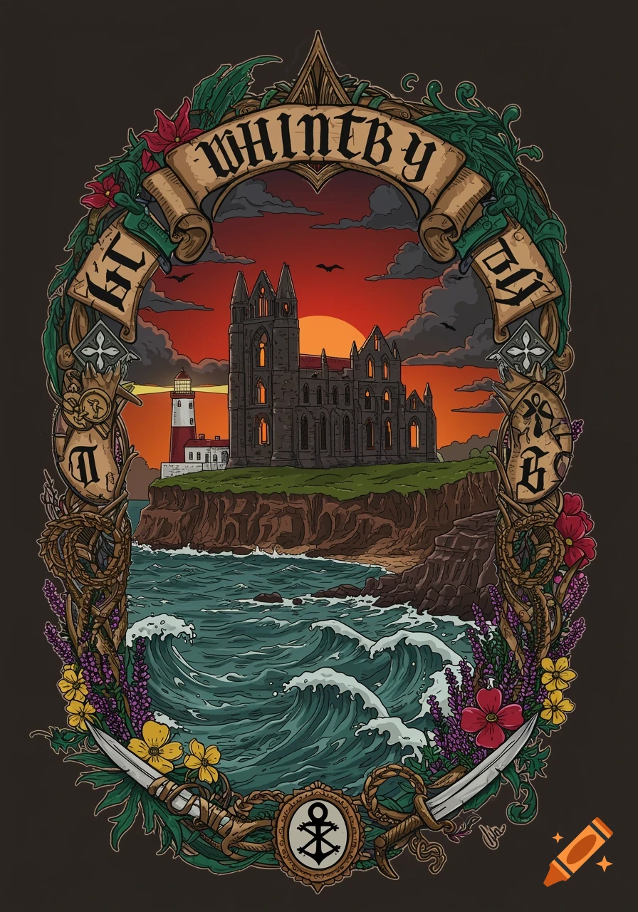 Stylized illustration of Whitby Abbey ruins and a lighthouse on a cliff overlooking a stormy sea, framed by a decorative border with text 'WHITBY'.
