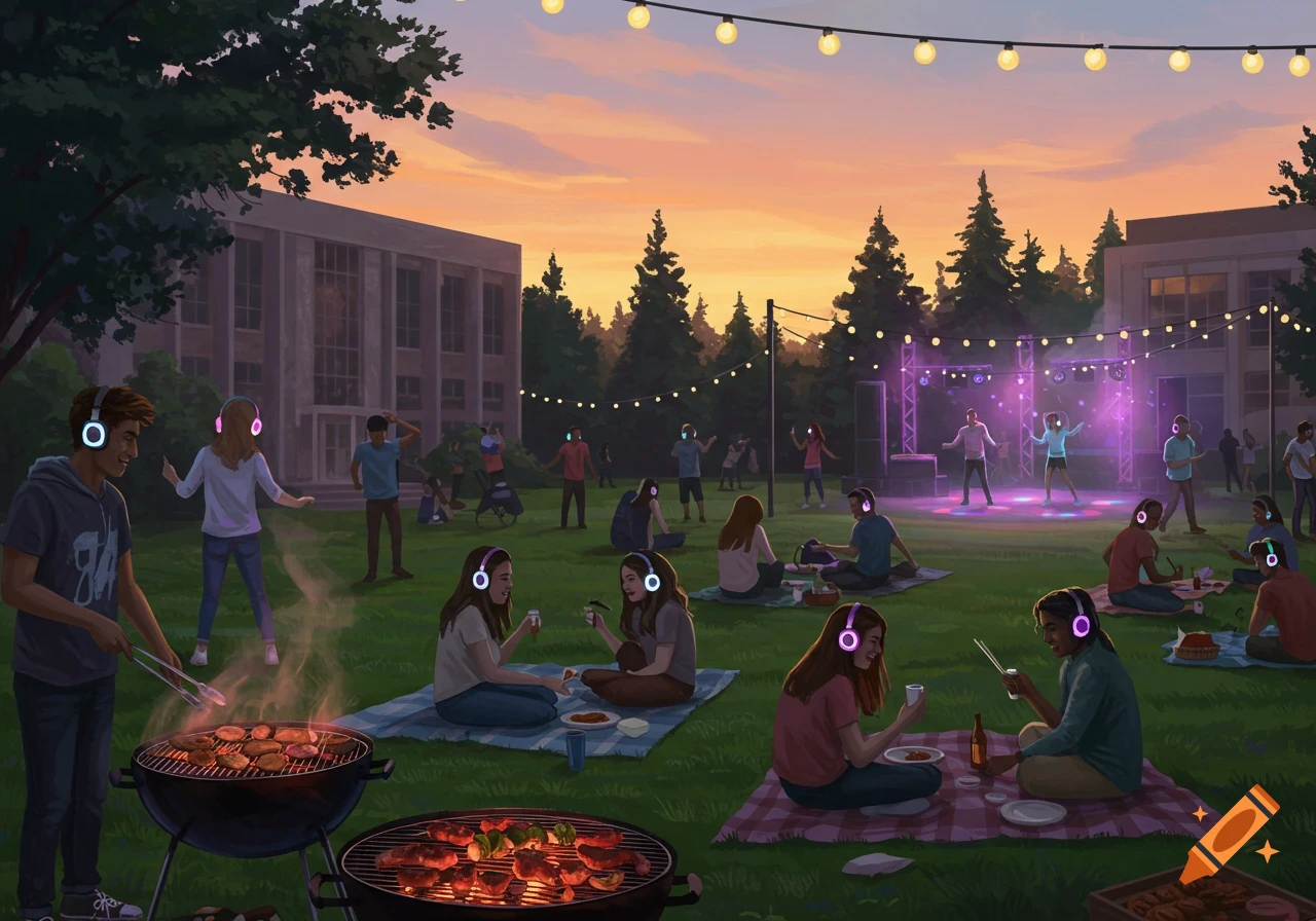 An outdoor evening scene on a university campus with people enjoying a silent disco and BBQ. People wear glowing headphones, some grill food, others sit on blankets, and some dance on a lit stage under a sunset sky.