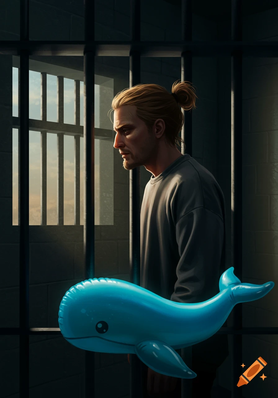 A man with a man bun looks out from behind jail bars, with a blue inflatable whale floating in front.