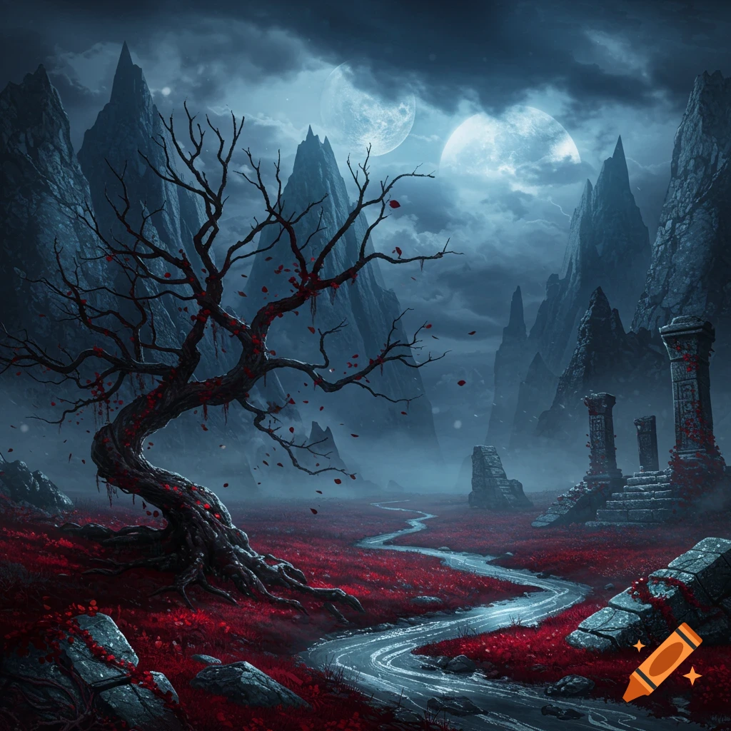 A dark fantasy landscape with a gnarled, leafless tree, red ground, winding path, ancient ruins, and two moons under a cloudy sky.