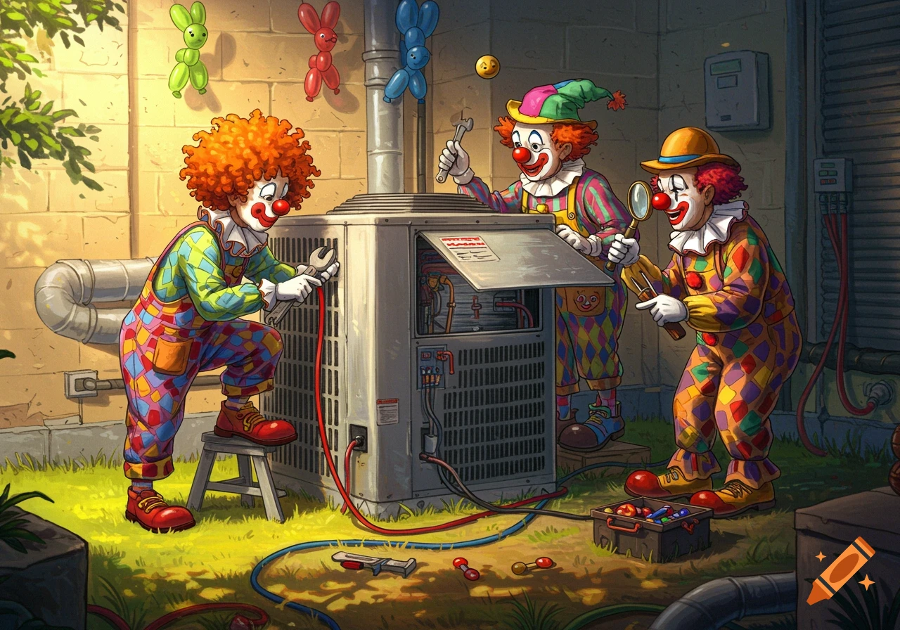 Three cartoonish clowns in colorful outfits humorously work on an outdoor HVAC condenser unit, one inspecting with a magnifying glass.