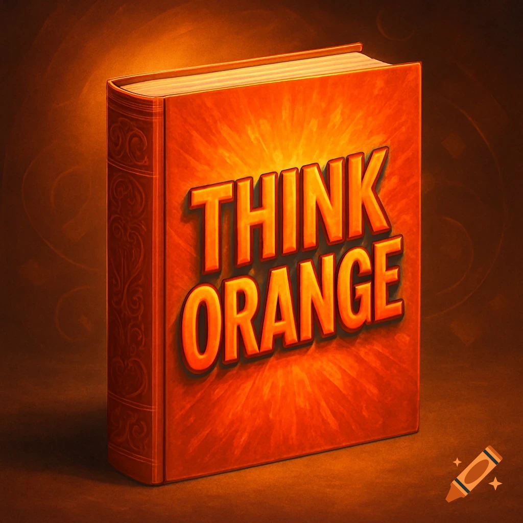 An orange book with the title 'THINK ORANGE' in bold, glowing letters, illuminated against a dark background.