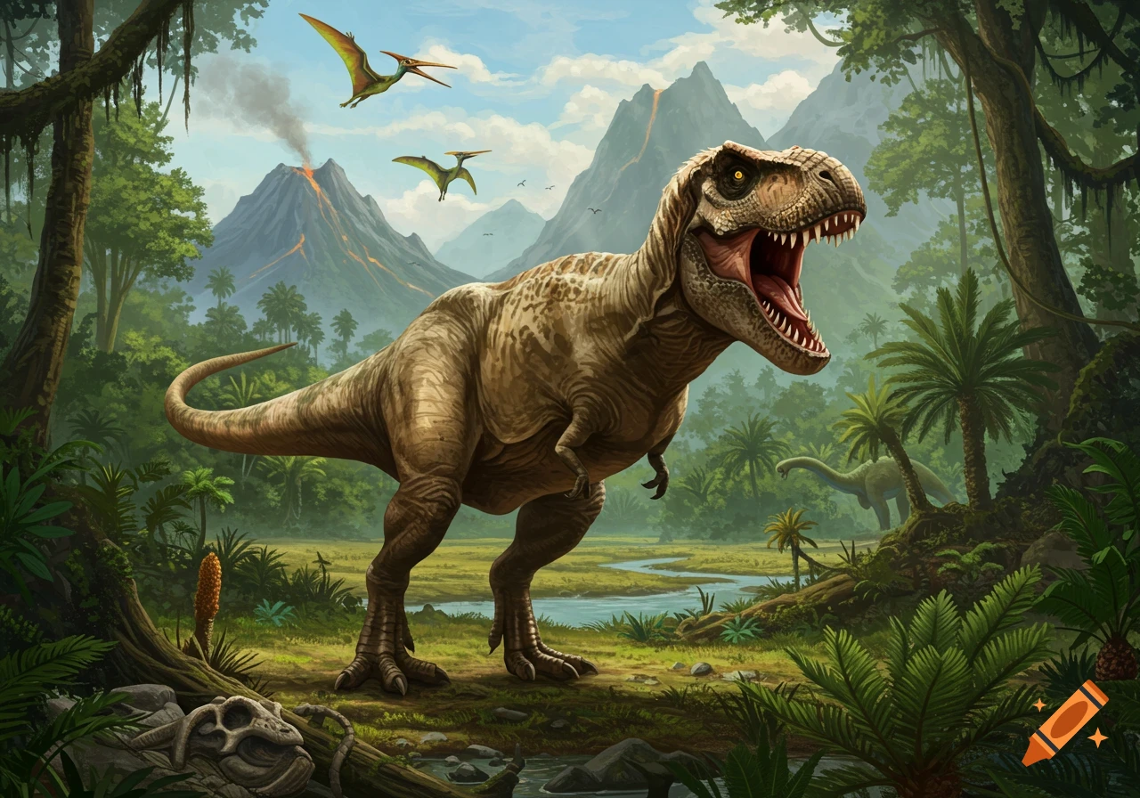 A brown Tyrannosaurus Rex roars in a lush prehistoric jungle with volcanoes, flying pterodactyls, and a stream.
