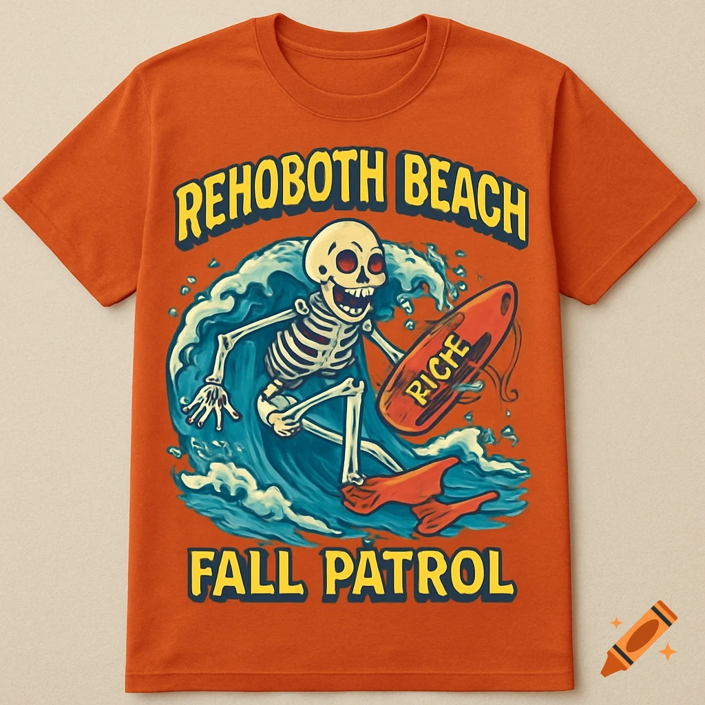 Cartoon skeleton on an orange t-shirt surfing a wave with a rescue buoy. Text reads 'REHOBOTH BEACH FALL PATROL'.