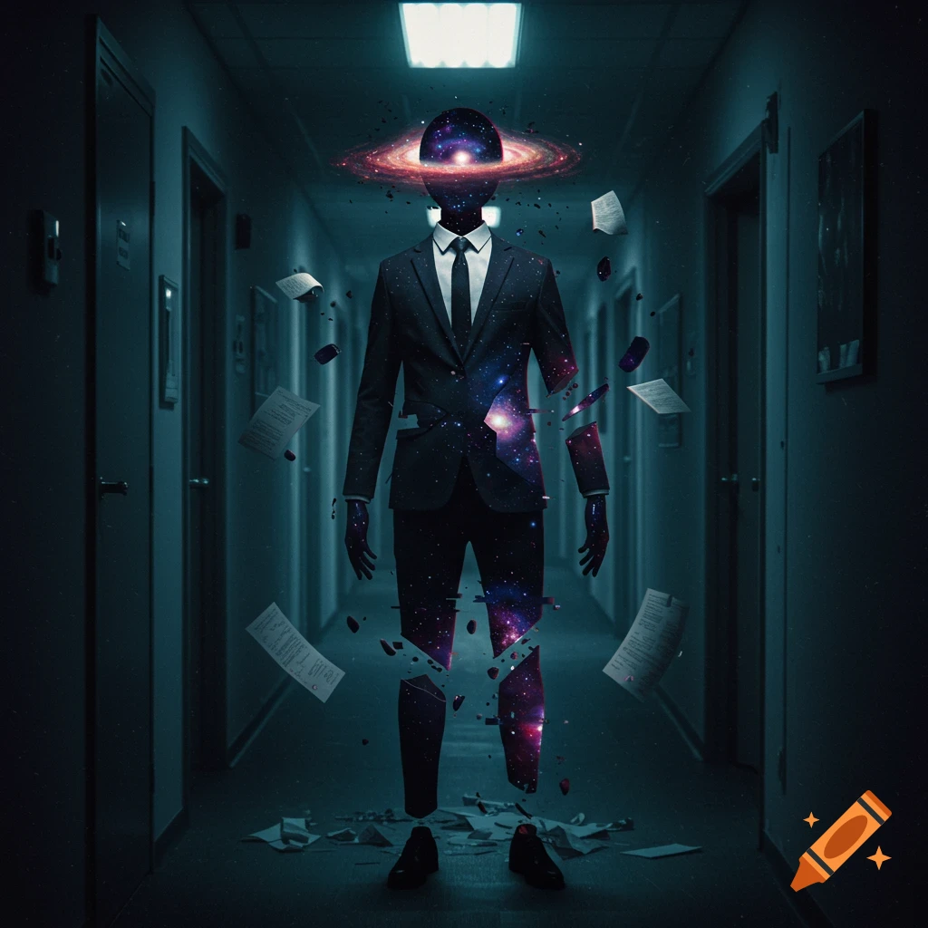 A surreal humanoid figure in a black suit with a galaxy for a head and body, floating in a dark office hallway with papers.