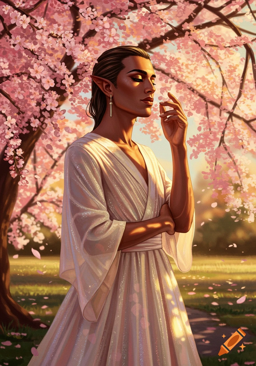 An elf-like person in a white gown stands under a cherry blossom tree, eyes closed, bathed in sunlight.