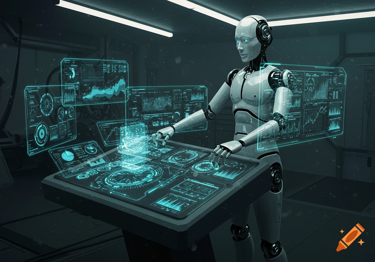 A white humanoid robot with blue eyes interacts with multiple glowing blue holographic screens and a console in a dark, futuristic laboratory.