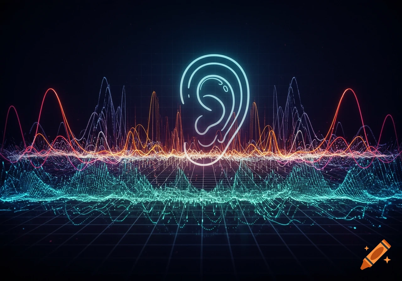 A neon outline of an ear surrounded by colorful, glowing digital sound waves on a dark background.