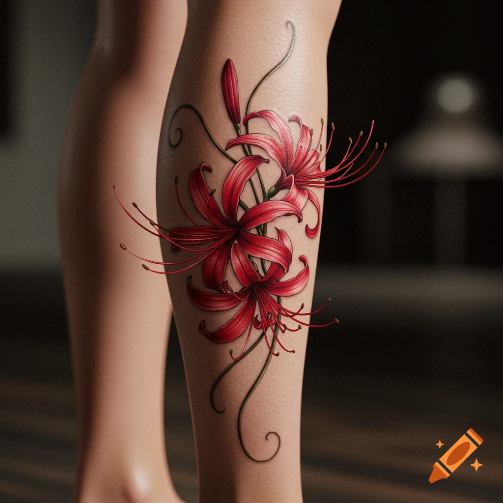 A detailed leg tattoo depicting vibrant red spider lily flowers.