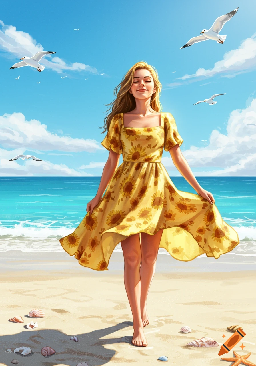 A smiling woman in a yellow sunflower dress walks barefoot on a sunny beach, with seagulls flying above.