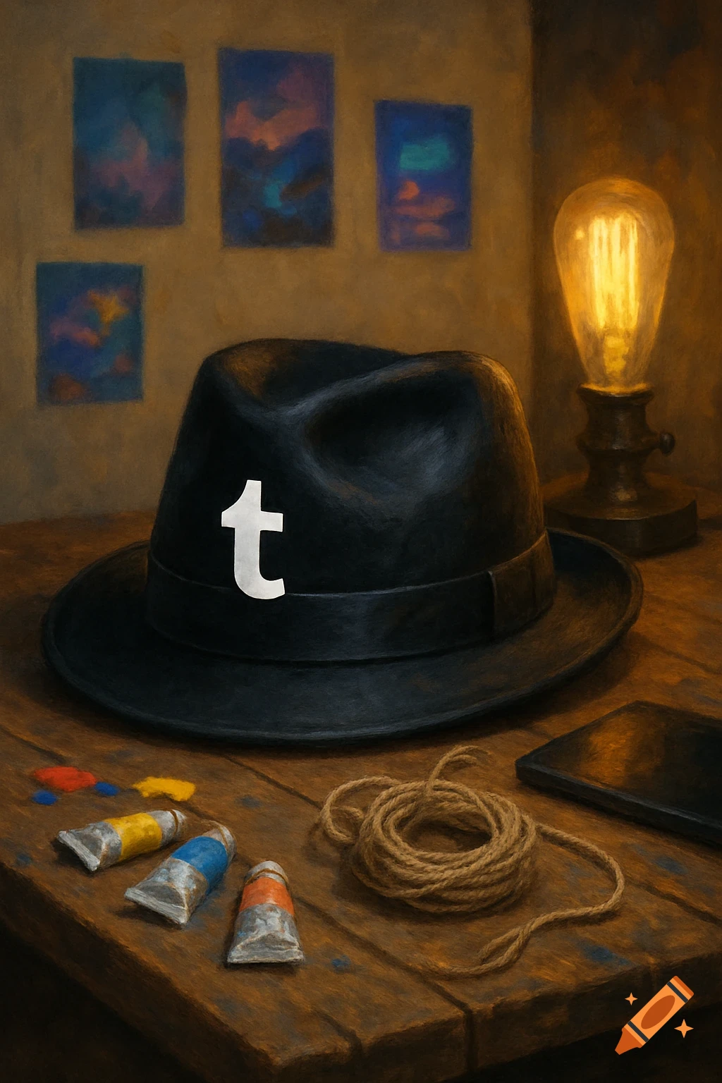 A black fedora with the white Tumblr logo sits on a wooden table next to paint tubes, a coil of rope, and an illuminated vintage lightbulb, in a painterly style.
