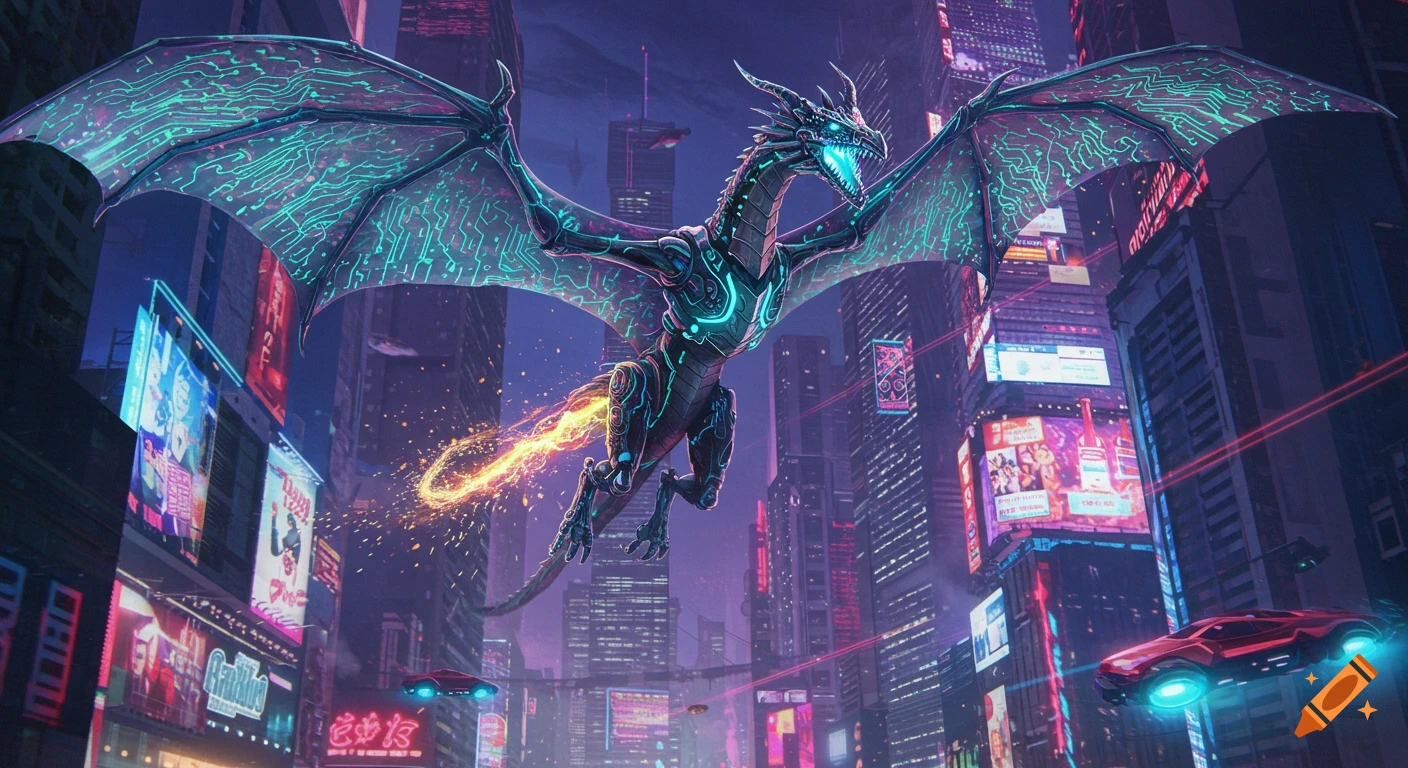 A majestic cyberpunk dragon with neon scales and glowing eyes soars through a futuristic cityscape filled with towering skyscrapers and flying cars, creating a trail of sparks.