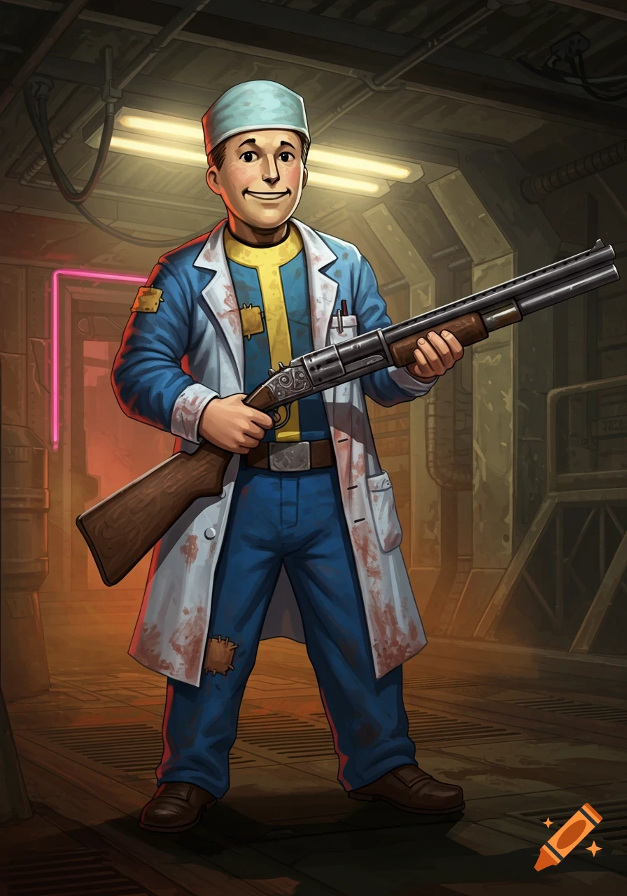 A stylized cartoon illustration of Vault Boy from Fallout, dressed as a surgeon with bloodstains on his coat, holding a shotgun in a dimly lit vault.
