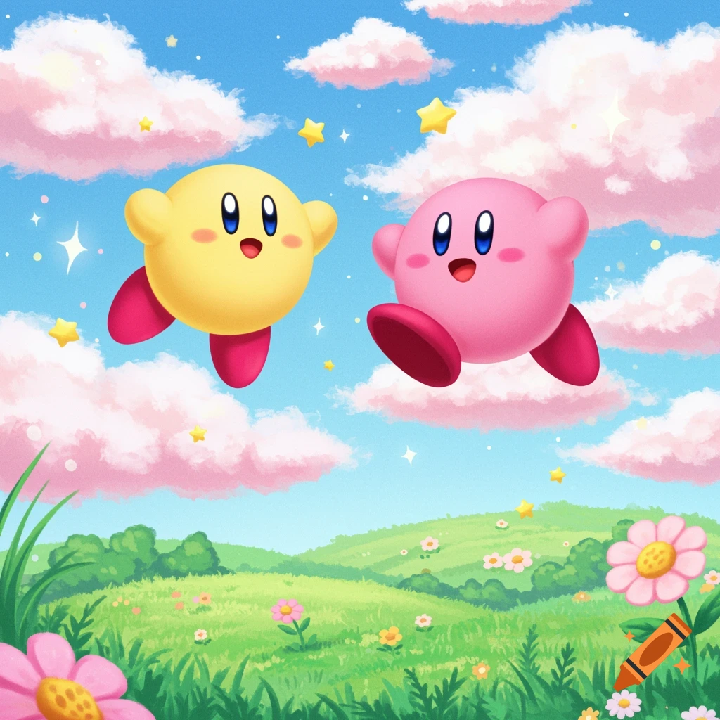 A pink Kirby and a yellow Kirby float in a pastel blue sky filled with pink clouds and yellow stars, above a green landscape with colorful flowers.
