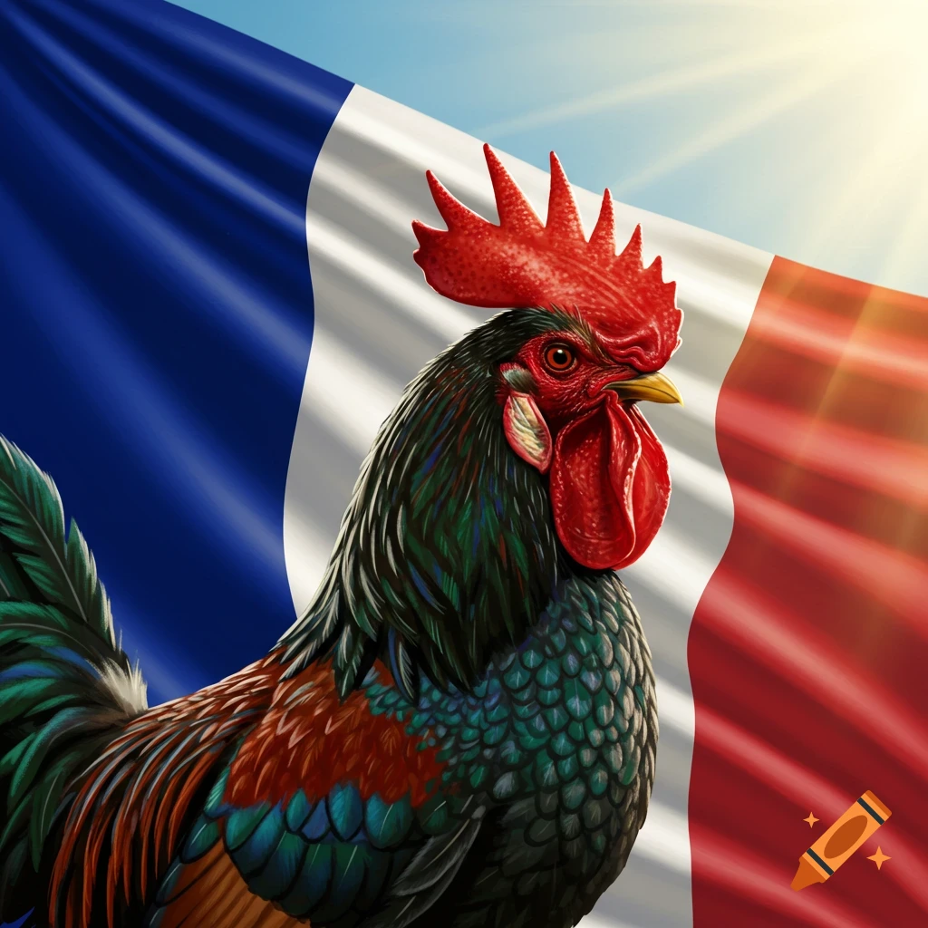 A detailed illustration of a rooster with colorful feathers standing in front of a waving French flag under a sunny sky.