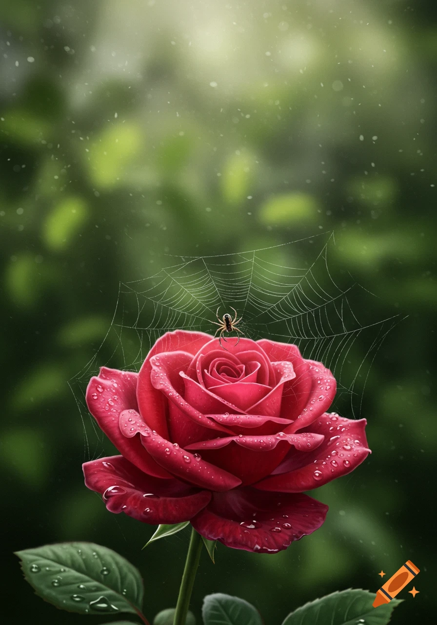 A vibrant red rose covered in water droplets with a spider on a dew-kissed web above it, against a blurred green background.