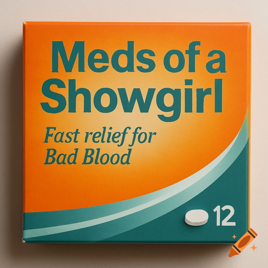 An orange and teal medicine box with the brand name "Meds of a Showgirl" and "Fast relief for Bad Blood" tagline. A white tablet icon and the number "12" are in the bottom right.
