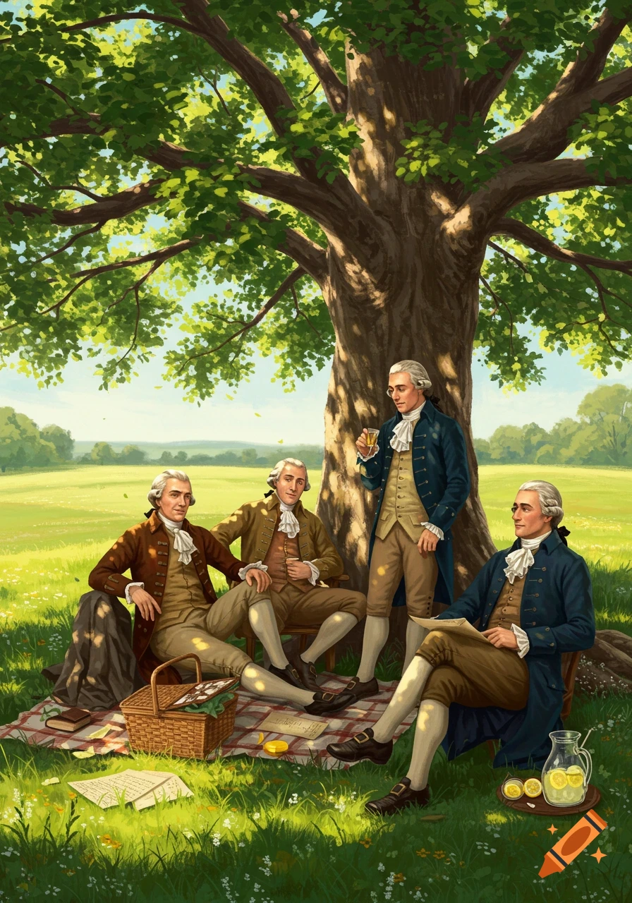 Four men in 18th-century attire have a picnic under a large tree in a sunny field, with lemonade and books on a blanket.