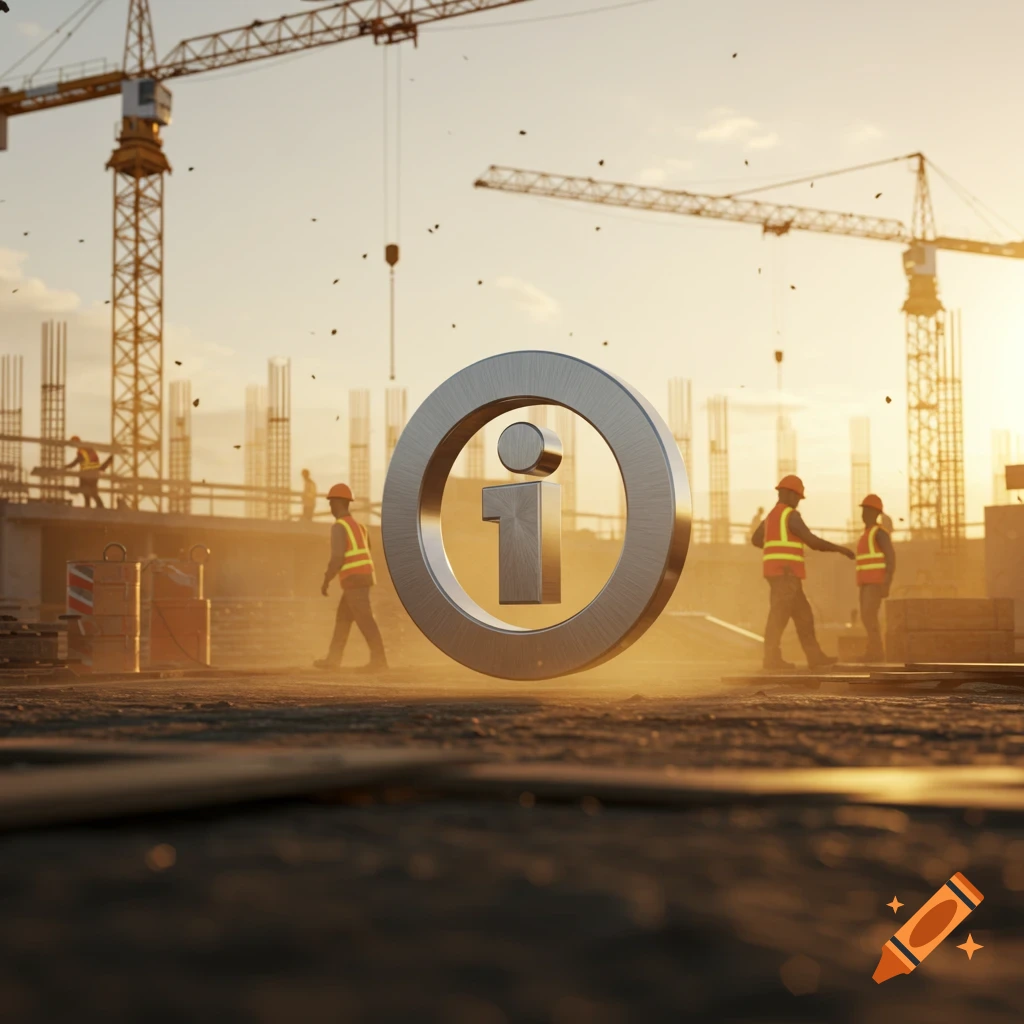 A large, metallic information 'i' icon floats at a dusty construction site with cranes and workers under a golden sunset.