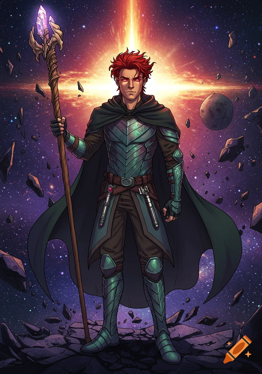 An anime-style male mage with red hair and glowing red eyes stands in space, wearing green armor and a dark cloak, holding a crystal-topped staff.