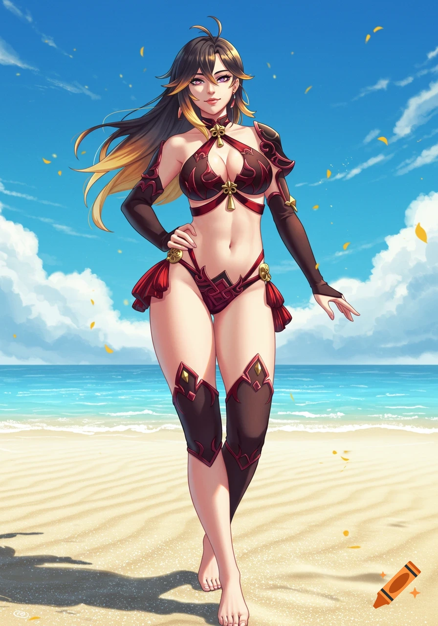 Anime style character in a red bikini standing on a sunny beach.