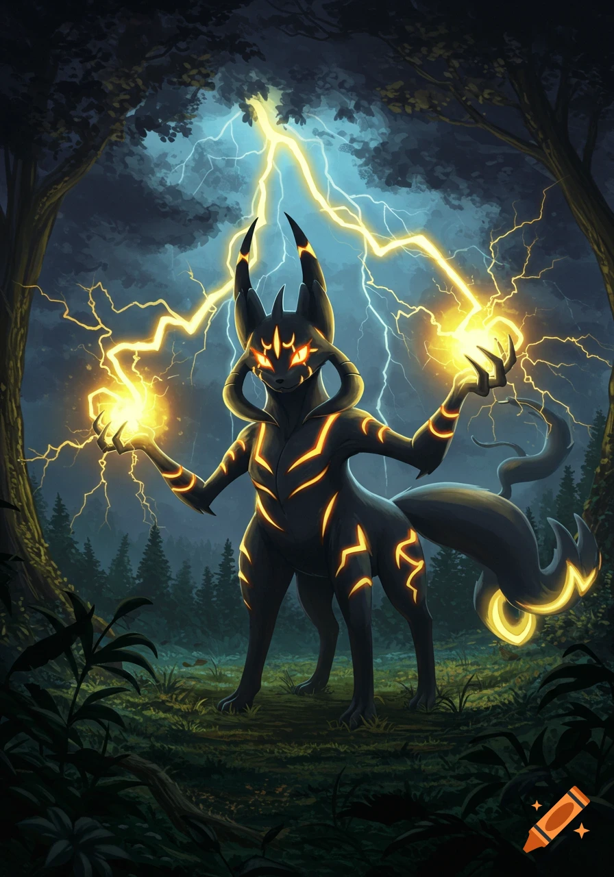 A dark bipedal fox-like Pok emon with glowing orange patterns summons yellow lightning in a dark forest at night.